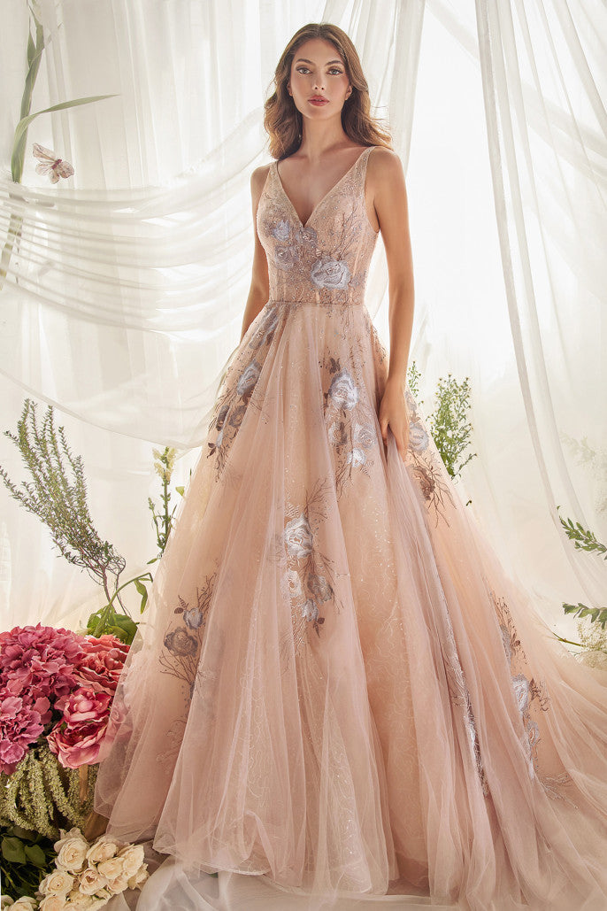 Floral Lace Beaded Tulle Ballgown by Andrea & Leo Couture A0893 Lilian Gown- Special Occasion