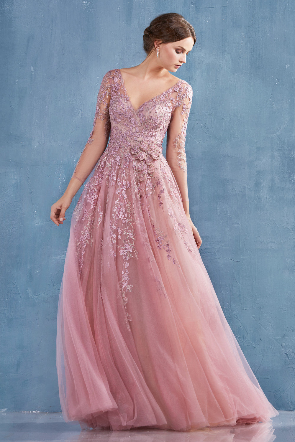 Long Sleeve Floral Applique Tulle A-line Princess Gown A0988 - Andrea & Leo Couture - Special Occasion