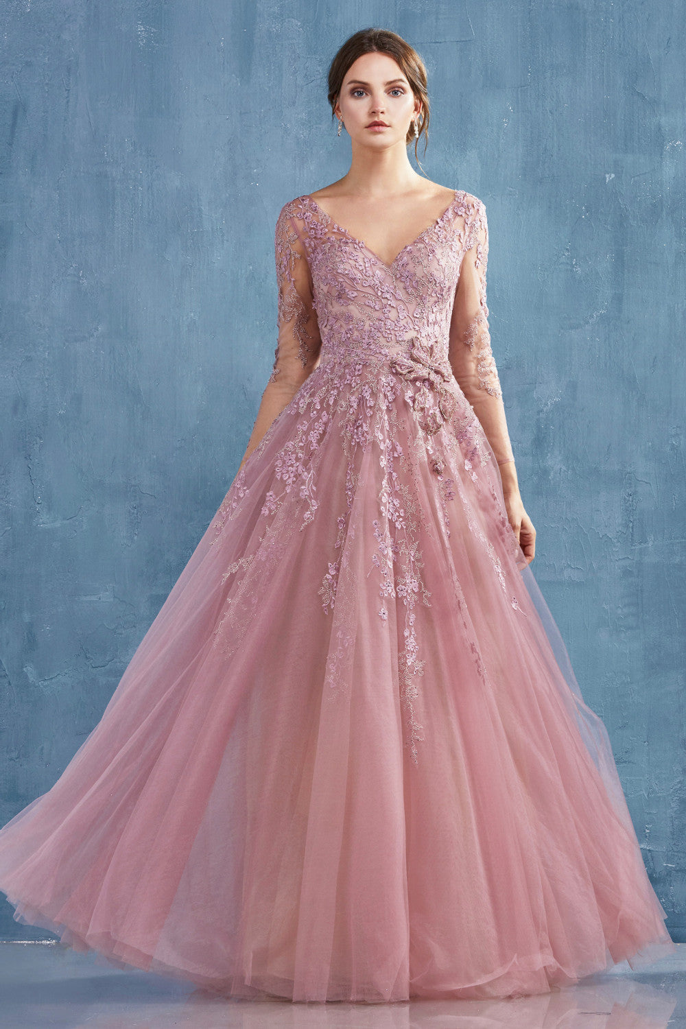 Long Sleeve Floral Applique Tulle A-line Princess Gown - Andrea & Leo Couture A0988 - Special Occasion