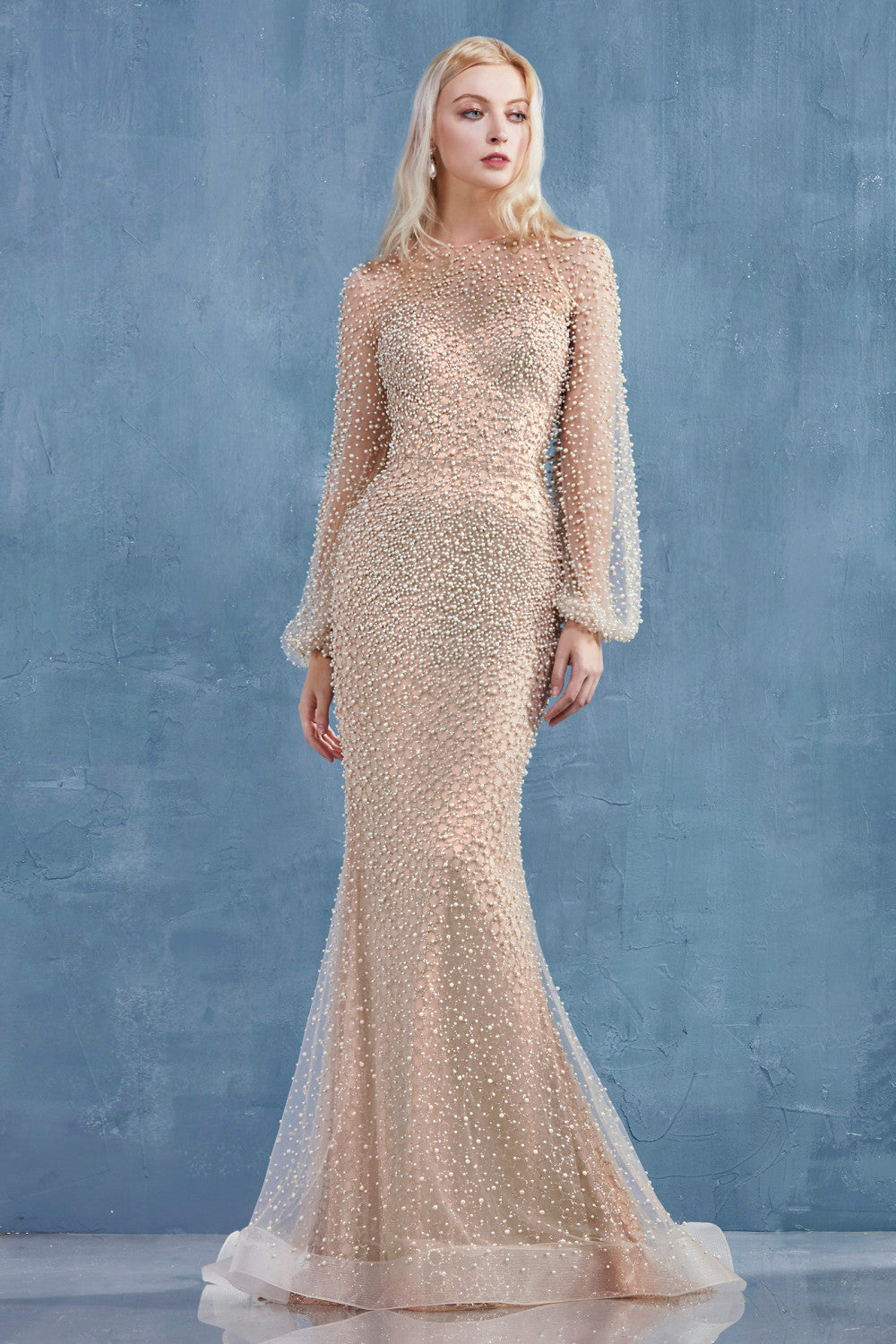 Fully Pearled Long Sleeves Ivory/Nude Evening Dress Andrea & Leo A0997W 18 / Ivory