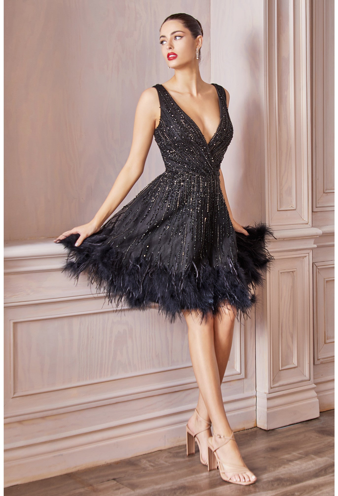 Jeweled Feathered glitter A-line Short Cocktail Dress by Andrea & Leo Couture - A1012 Wren Dress