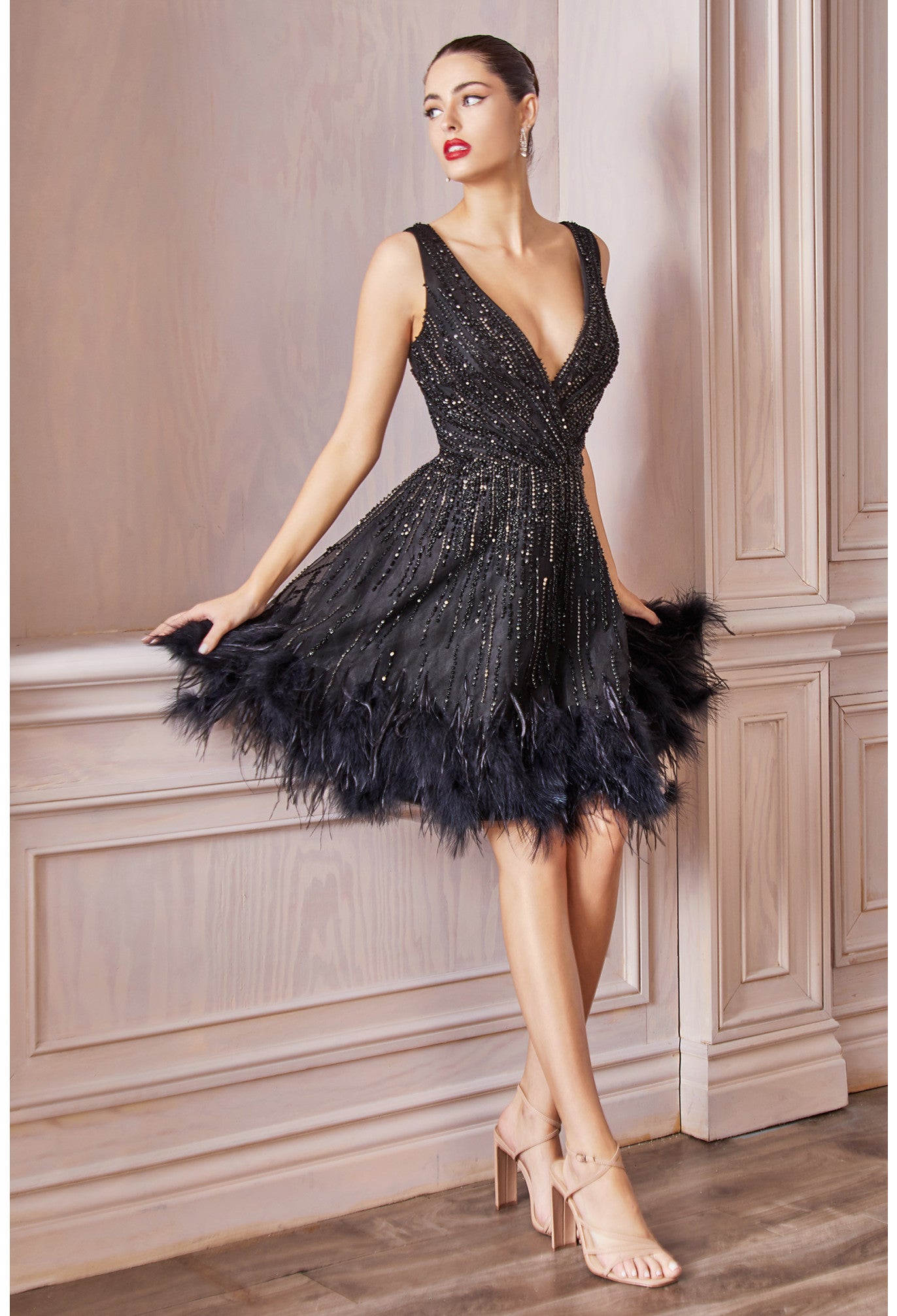 Jeweled Feathered glitter A-line Short Cocktail Dress by Andrea & Leo Couture - A1012 Wren Dress - Short