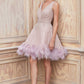 Jeweled Feathered glitter A-line Short Cocktail Dress by Andrea & Leo Couture - A1012 Wren Dress - Short