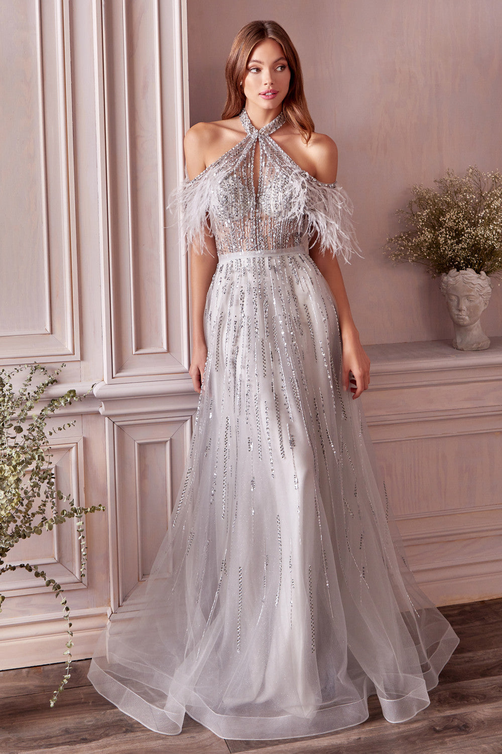 Crystals and Silver Beaded Off the Shoulder Feather A-Line Gown by Andrea & Leo Couture - A1023 -Special Occasion