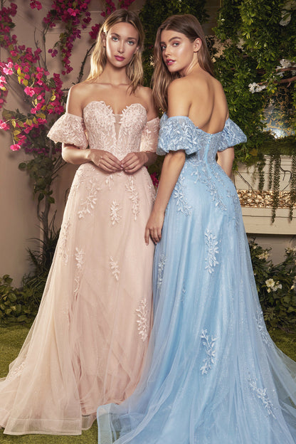 Off the Shoulder Floral Bodice Tulle A-line Gown Andrea & Leo Couture A1046 WILLOW GOWN - Special Occasion