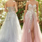 Strapless Floral Applique Tulle A-Line Slit Gown by Andrea & Leo Couture A1089 PENELOPE GOWN - Special Occasion