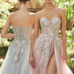 Strapless Floral Applique Tulle A-Line Slit Gown by Andrea & Leo Couture A1089 PENELOPE GOWN - Special Occasion
