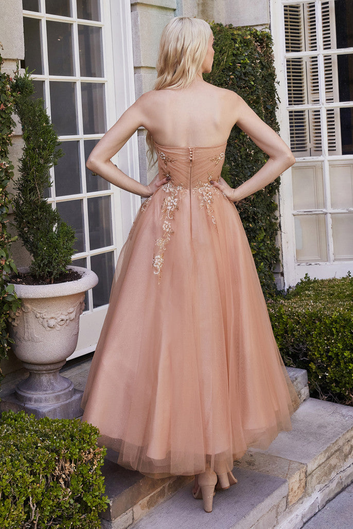 Strapless Floral Sweetheart Bodice Tulle Tea Length Dress By Andrea & Leo Couture - A1114