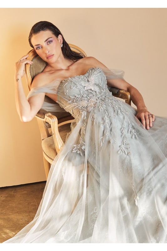 Off the Shoulder Floral Birds of Romance Corset Bodice A-Line Tulle Gown by Andrea & Leo Couture A1149