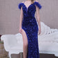 Off the Shoulder Sequin Velvet Mermaid Slit Gown by Elizabeth K - GL3149- Women Formal Dress - Special Occasion/Curves