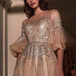 Flounce Sleeve and Rhinestones Champagne Ball Gown by Cinderella Divine B703 - Special Occasion/Curves
