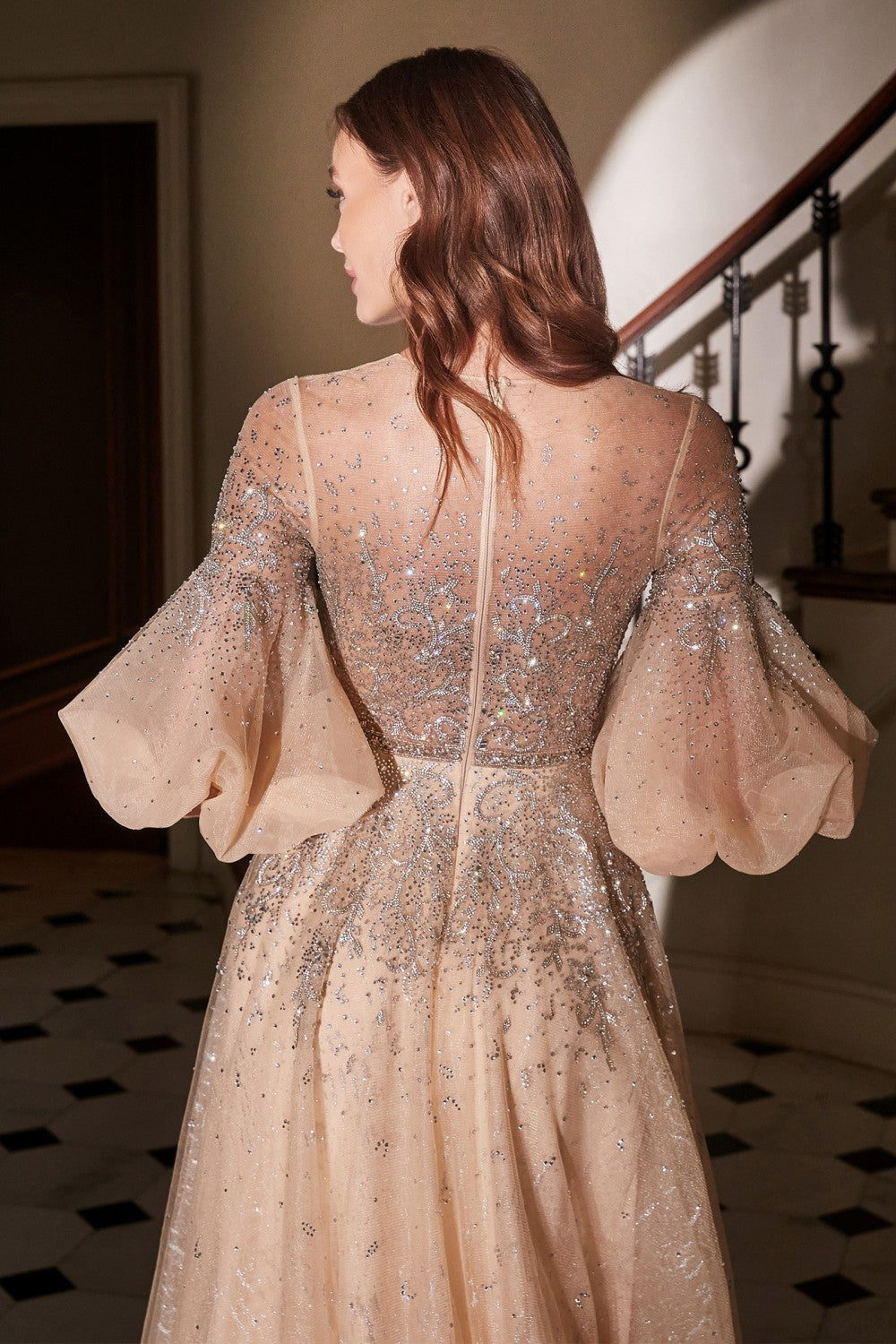 Flounce Sleeve and Rhinestones Champagne Ball Gown by Cinderella Divine B703