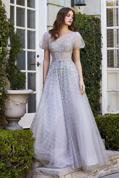 Half Sleeve Beaded Sheer Layered Tulle Ballgown by Cinderella Divine - B708 EMBELLISHED BALL GOWN - Special Occasion