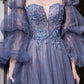 Sheer Long Sleeve Corset A-Line Gown by Cinderella Divine B709 - SMOKY BLUE BALL GOWN - Special Occasion