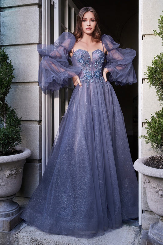 Sheer Long Sleeve Corset A-Line Gown by Cinderella Divine B709 - SMOKY BLUE BALL GOWN - Special Occasion