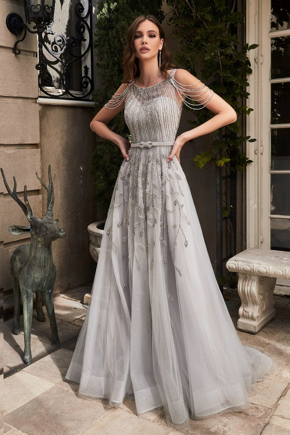 Off the Shoulder Beaded Bodice Silver Ball Gown by Cinderella Divine B710 - Special Occasion