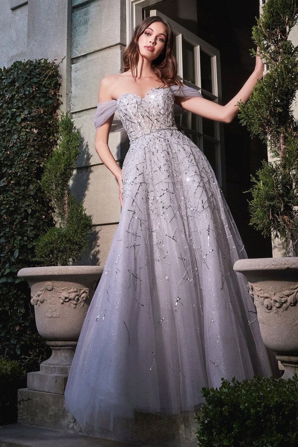 Off the Shoulder Tulle Ball Gown by Cinderella Divine B713- Special Occasion
