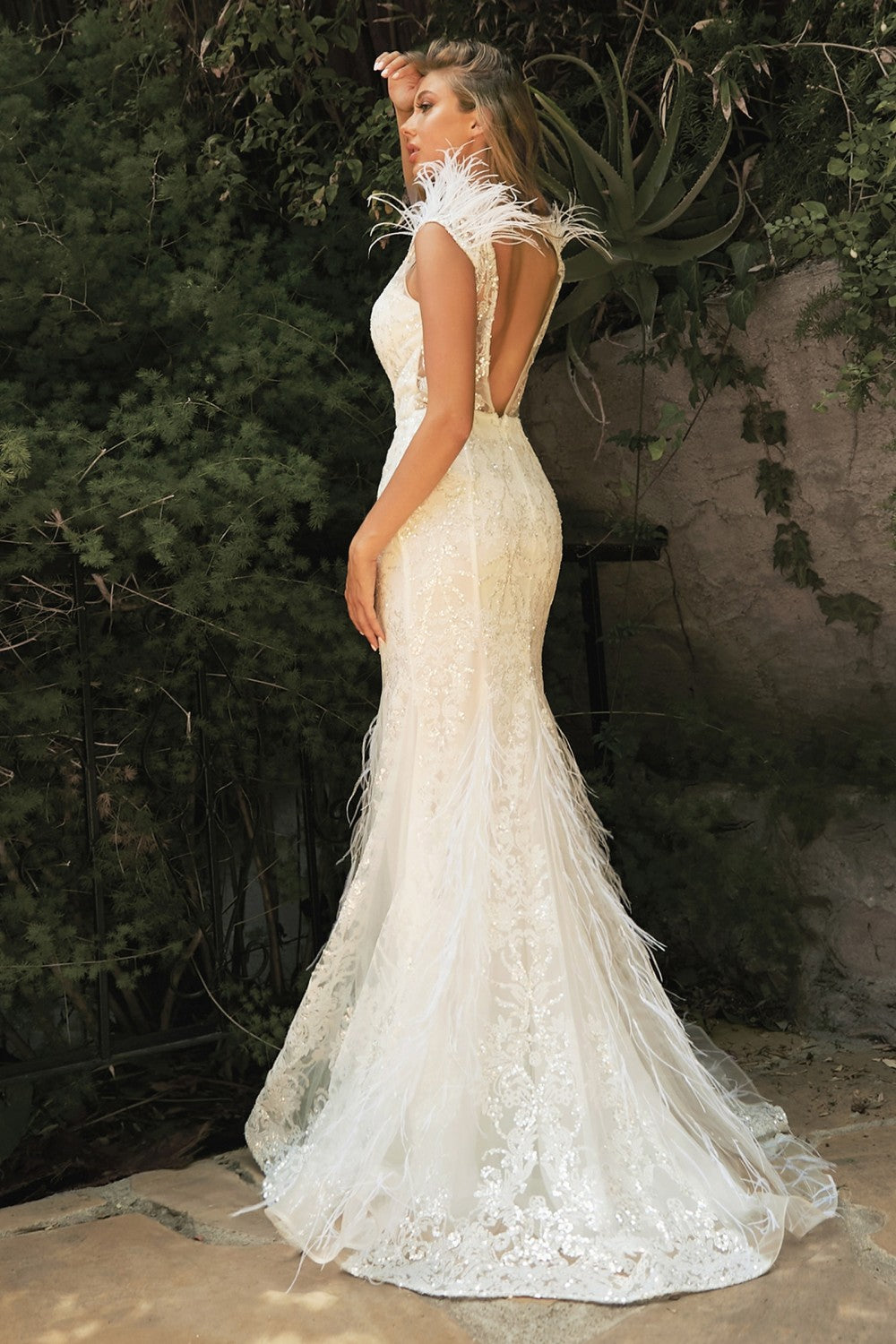Glitter Mermaid Feathered Bridal Gown by Cinderella Divine C57W