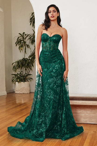 strapless fitted dress Strapless Fitted Glitter Floral Gown with Overskirt by Ladivine