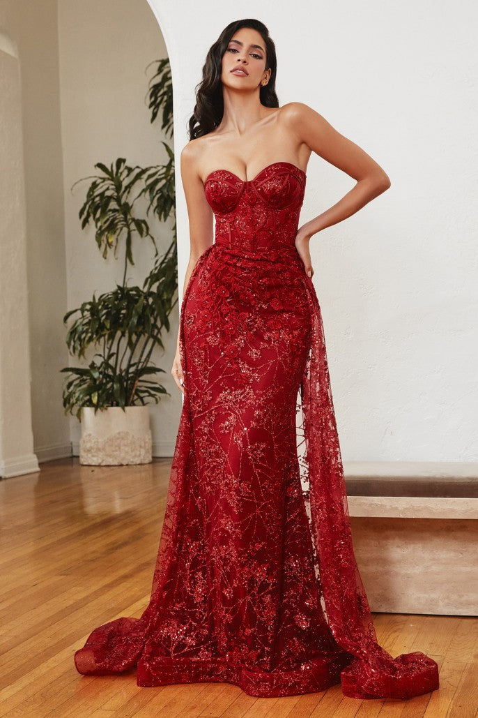 Strapless Fitted Glitter Floral Gown with Overskirt by Ladivine - CB046