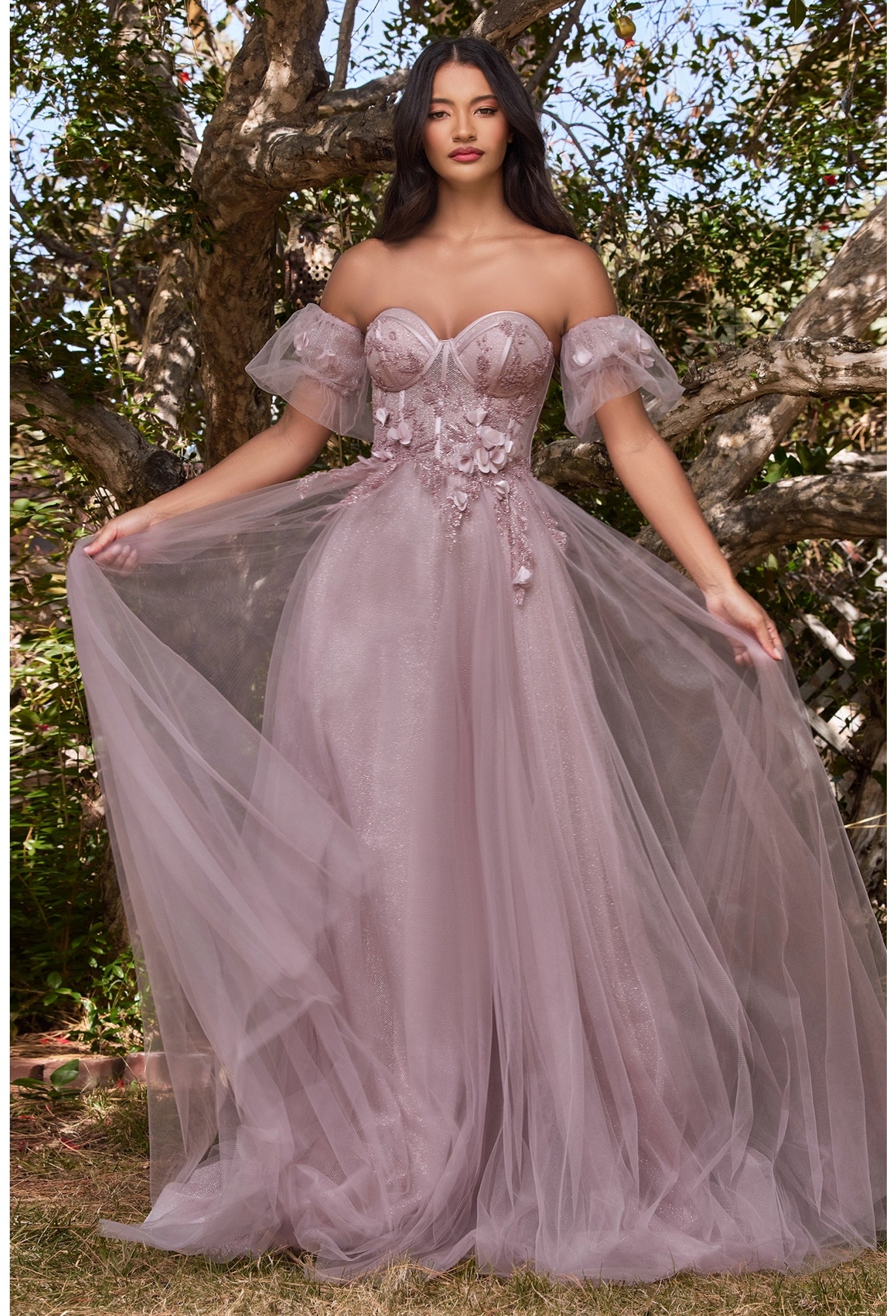 Off The Shoulder Strapless Floral Ballgown with Puff Sleeves by Cinderella Divine CB080 - Special Occasion