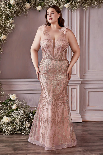 Fitted Glitter Feather Gown by Cinderella Divine CB087C - Curves
