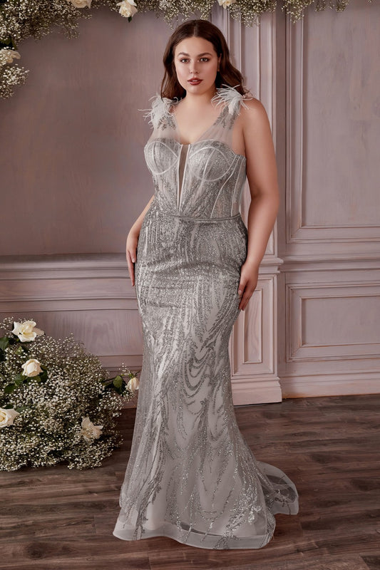 Fitted Glitter Feather Gown by Cinderella Divine CB087C - Curves
