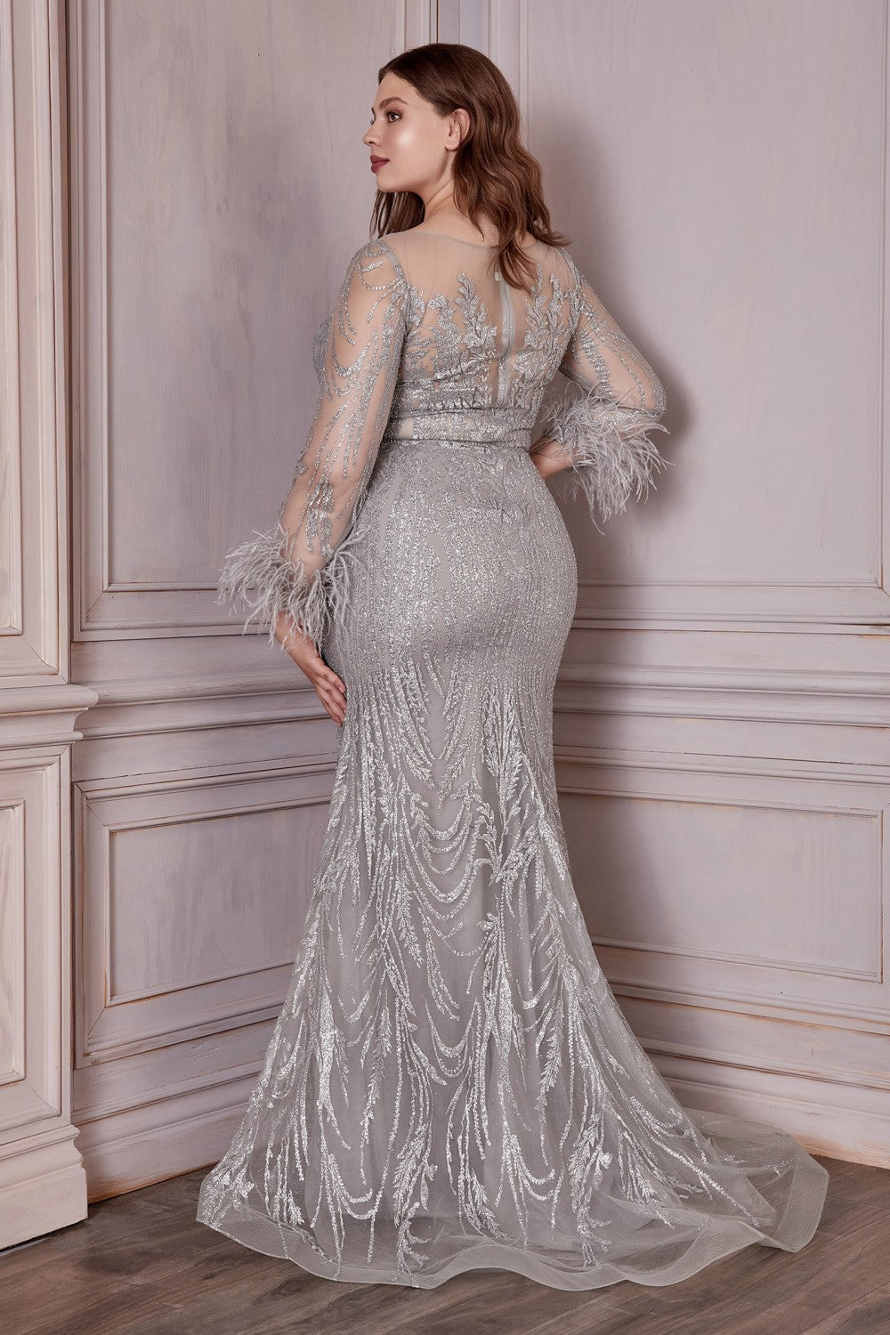 LONG SLEEVE FEATHER GLITTER GOWN by Cinderella Divine CB090C - Curves