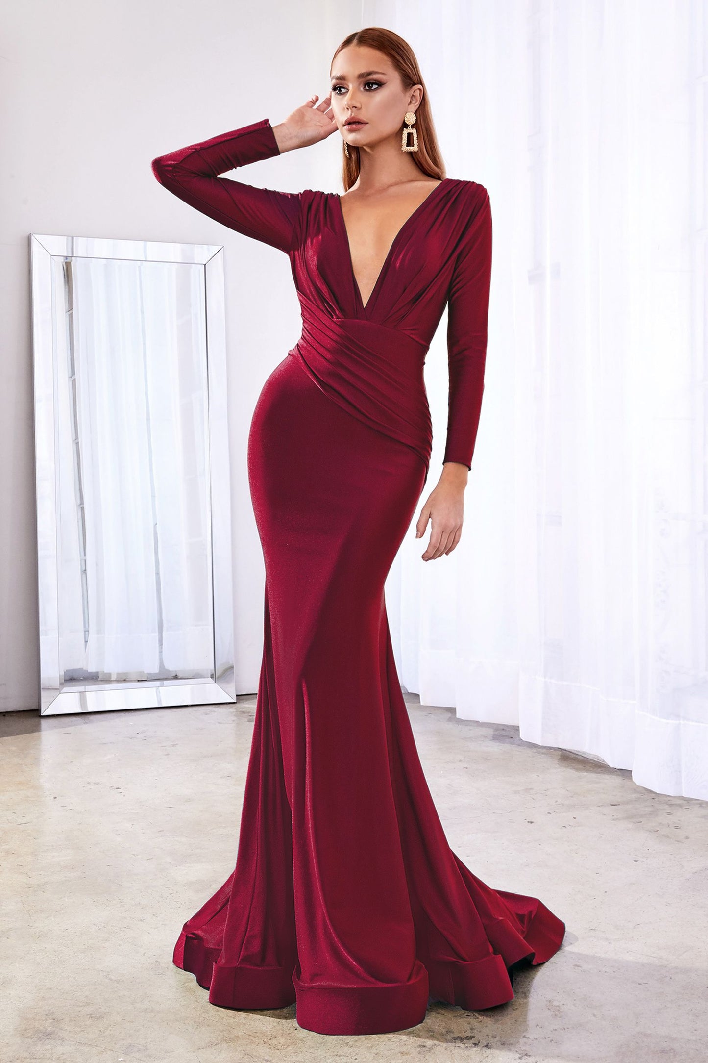 Long Sleeve Fitted Jersey Gown by Cinderella Divine - CD0168 - Special Occasion/ Curves