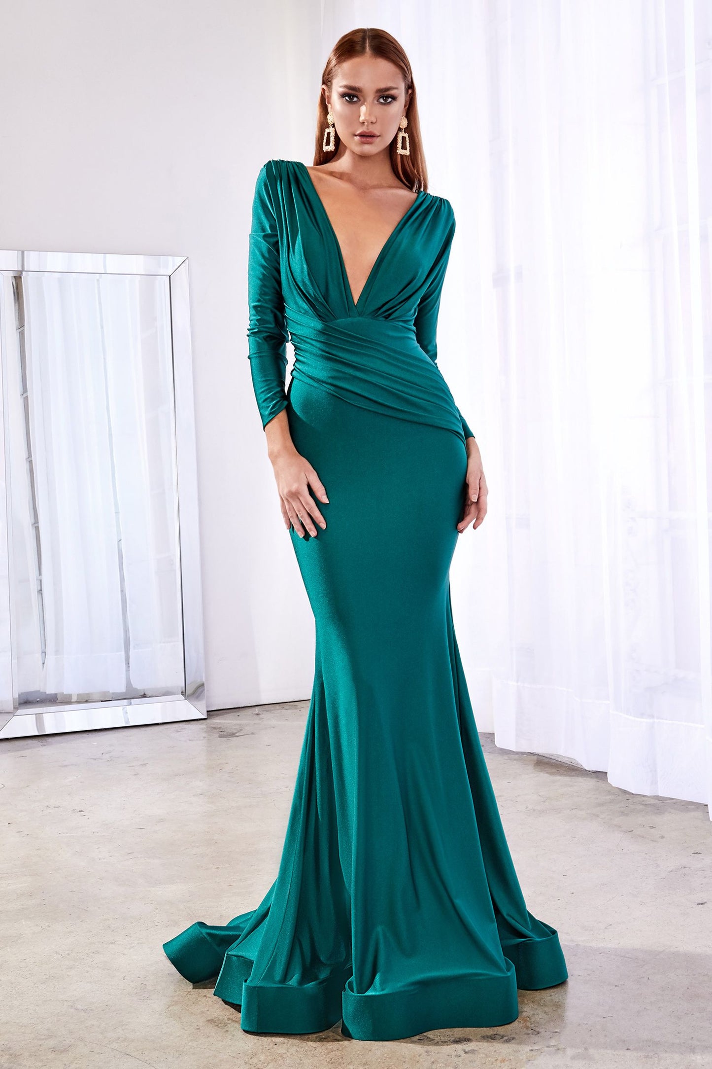 Long Sleeve Fitted Jersey Gown by Cinderella Divine - CD0168 - Special Occasion/ Curves