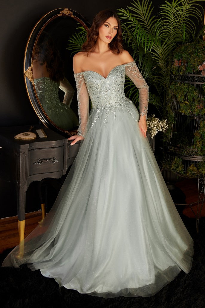 Off the Shoulder Glitter Floral A-Line Gown by Cinderella Divine - CD0172 Special Occasion/Curves