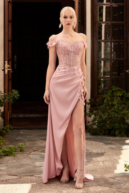 Off the Shoulder Floral Sheath Slit Women Gown by Cinderella Divine CD0186