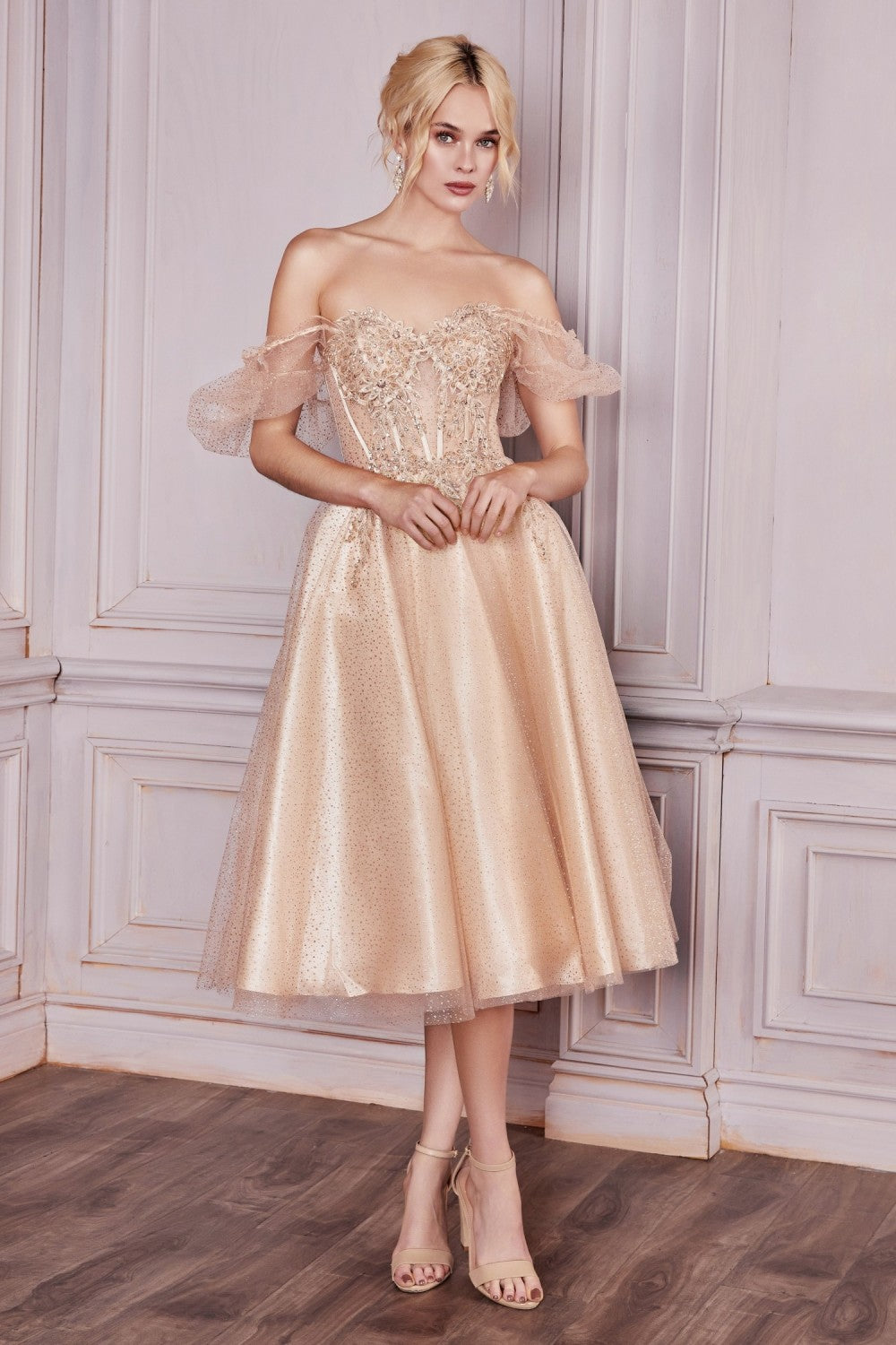 Puff Sleeves Corset Bodice Tea Length Short Tulle Dress by Cinderella  Divine-CD0187 XS / Champagne