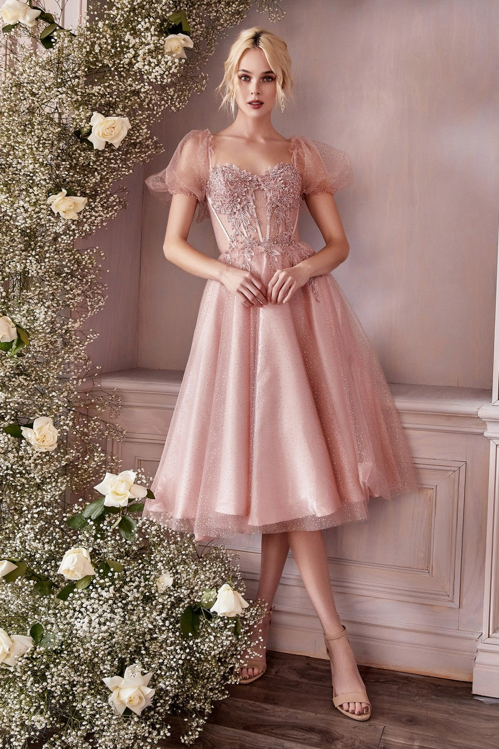 Puff Sleeves Corset Bodice Tea Length Short Tulle Dress by