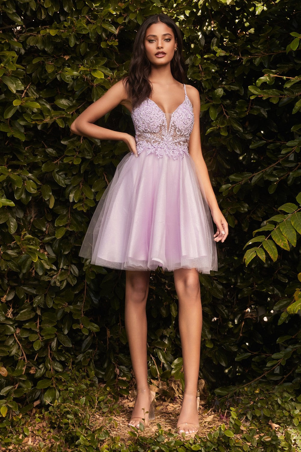 Floral Lace Bodice Tulle Cocktail Dress by Cinderella Divine CD0190