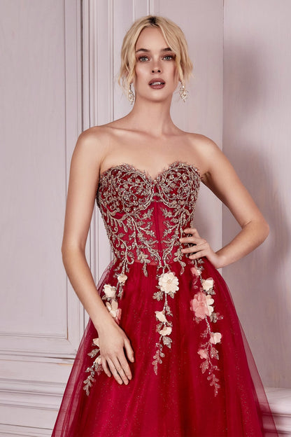 Strapless Corset Layered Tulle Gown with Puff Sleeves by Cinderella Divine CD0191 - Special Occasion