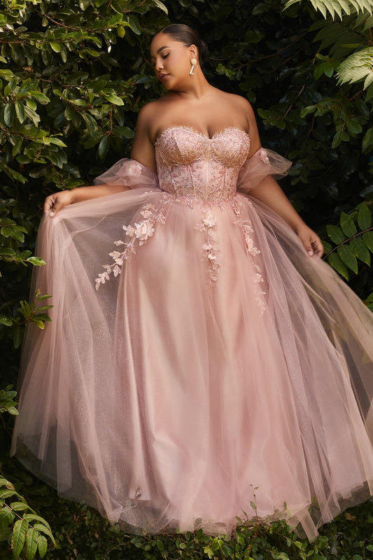Strapless Glitter Tulle Gown with Puff Sleeve by Cinderella Divine CD0191C- Curves