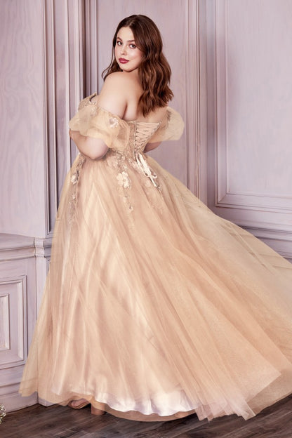 Strapless Glitter Tulle Gown with Puff Sleeve by Cinderella Divine CD0 Ariststyles Strapless Glitter Tulle Gown with Puff Sleeve by Cinderella Divine CD0 Ariststyles