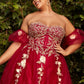 Strapless Glitter Tulle Gown with Puff Sleeve by Cinderella Divine CD0191C- Curves