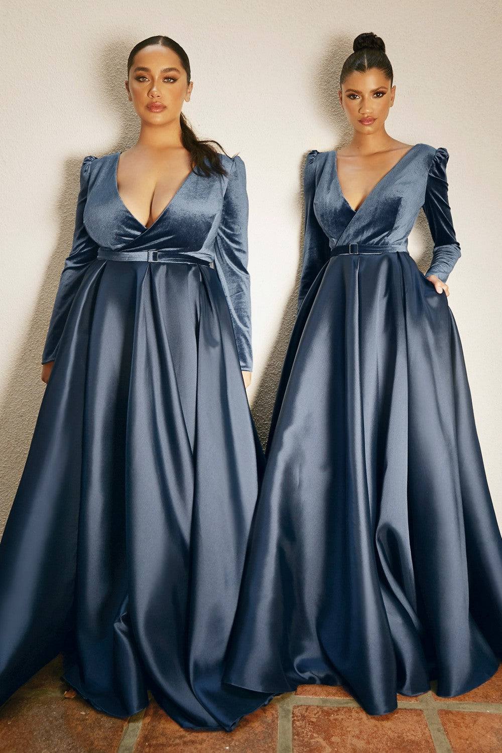 Smoky blue LONG SLEEVE VELVET AND MIKADO BALL GOWN- Cinderella Divine CD226 - Special Occasion