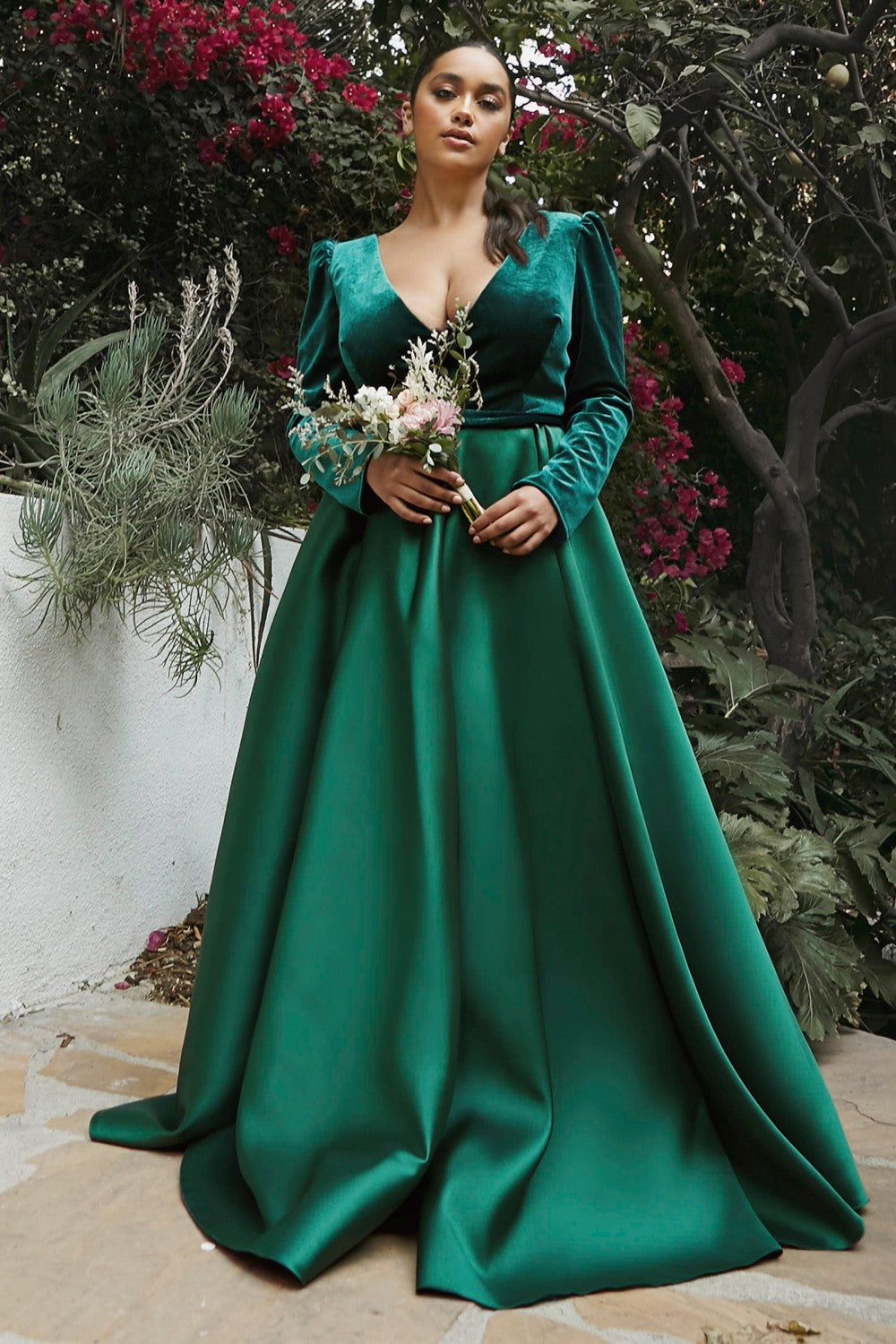 Emerald LONG SLEEVE VELVET AND MIKADO BALL GOWN- Cinderella Divine CD226 - Special Occasion