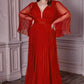 Pleated Chiffon Long Sleeve Gown -by Cinderella Divine - CD242C Curves