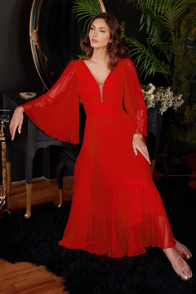 Pleated Chiffon Long Sleeve Tea Length Gown - Women Formal Evening Dress by Ladivine CD242S - Special Occasion/Curves