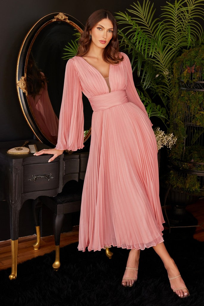 Pleated Chiffon Long Sleeve Tea Length Gown - Women Formal Evening Dress by Ladivine CD242S - Special Occasion/Curves