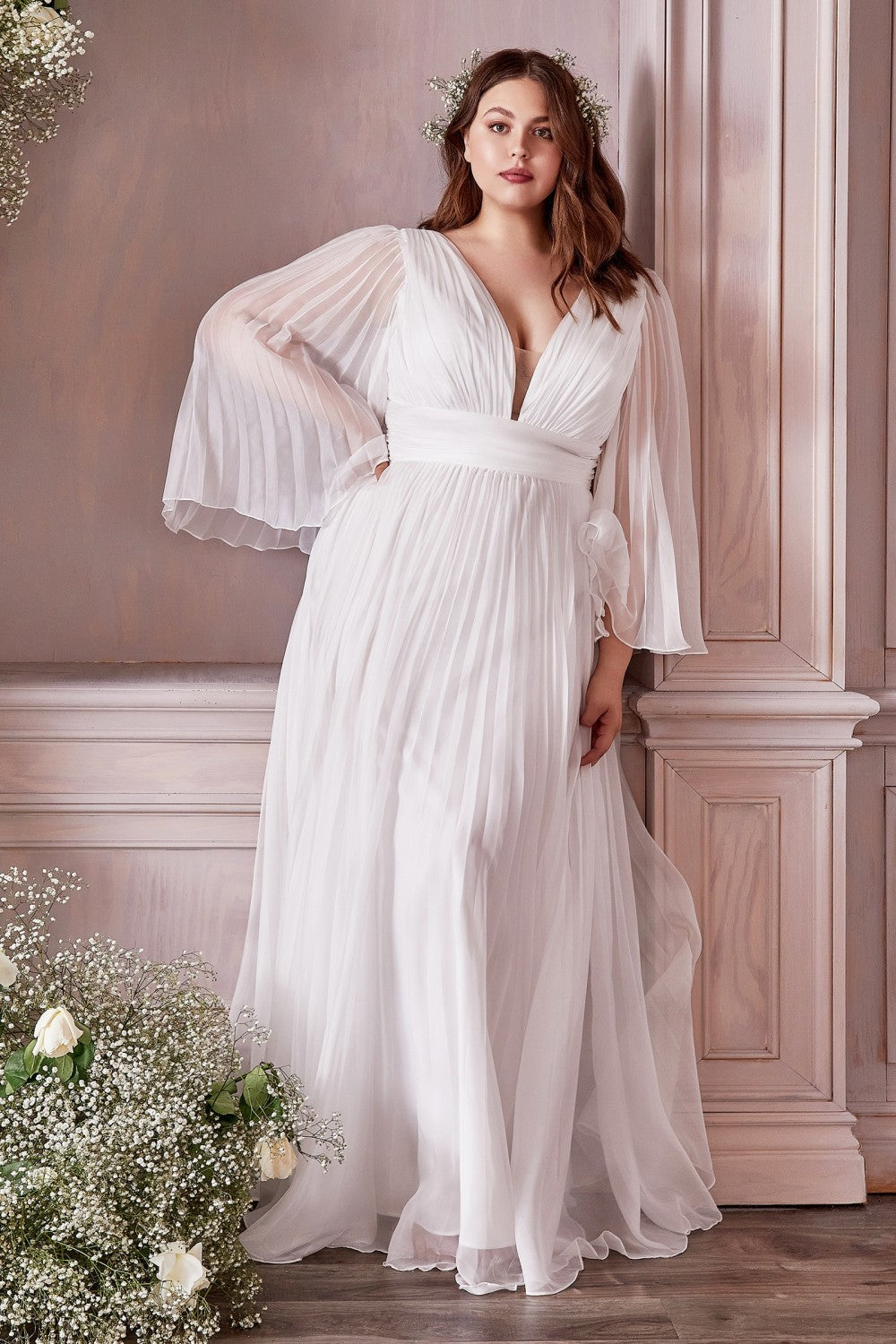 Long Sleeve Pleated Chiffon Bridal Gown by Cinderella Divine - CD242WC