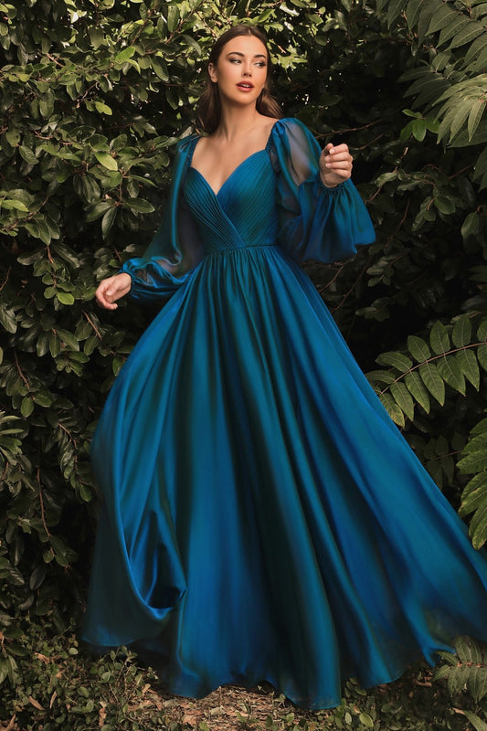 Long Sleeve Satin Slit Dress by Cinderella Divine 7475 - Special