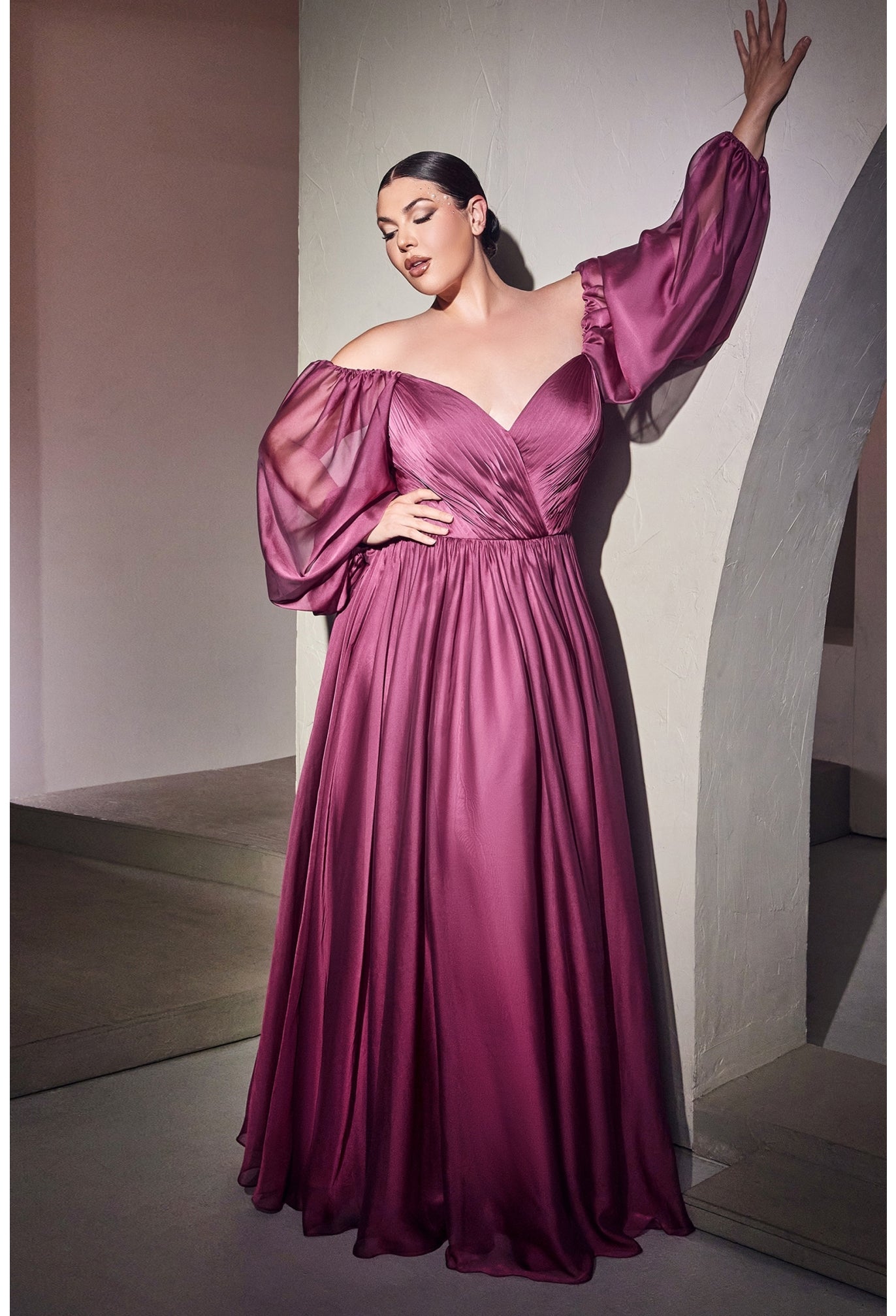 LONG SLEEVE CHIFFON DRESS by Cinderella Divine CD243C