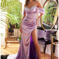 Off Shoulder Satin Sheath Slit Gown By Ladivine CD875 - Women Evening Formal Gown - Special Occasion