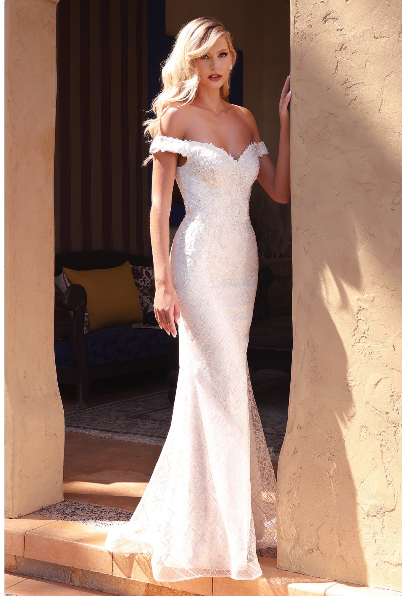 Off The Shoulder Glitter Mermaid Bridal Gown by Cinderella Divine CD929