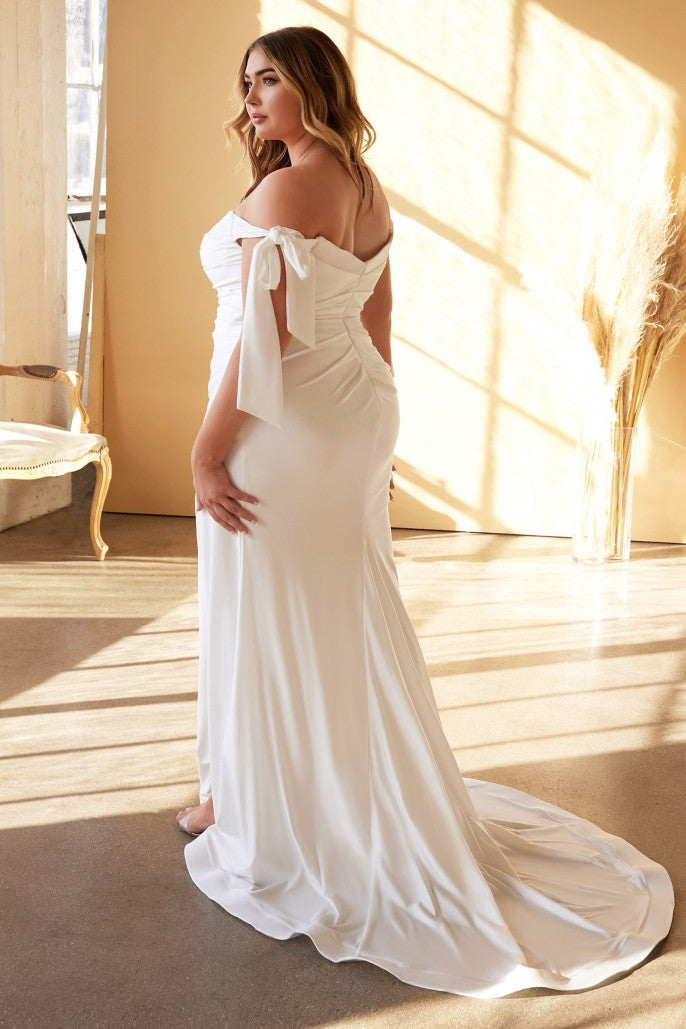 Off the Shoulder Tie Sleeve Pleated Mermaid Bridal Gown by Cinderella Divine - CD944WC